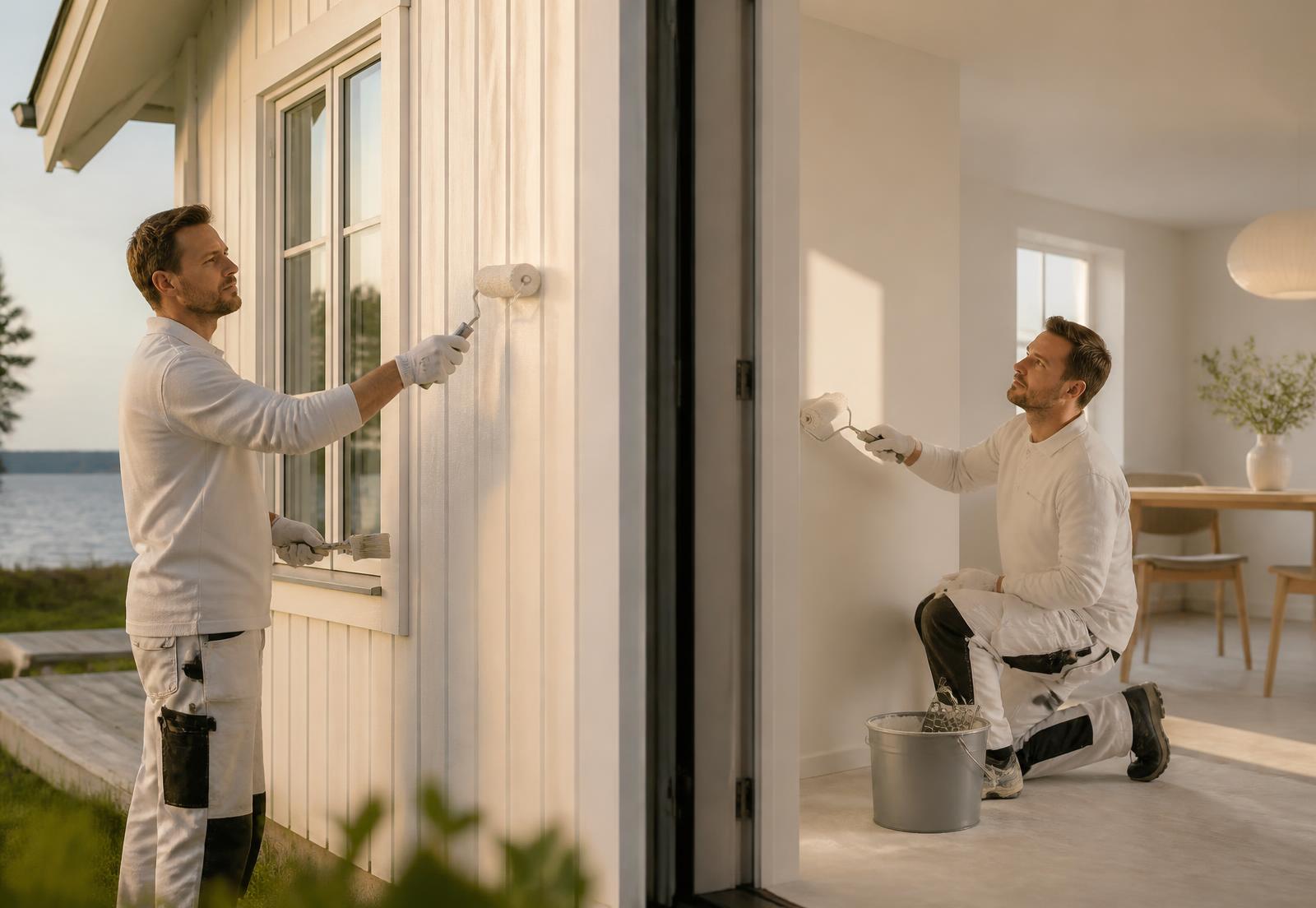 Hantverkare målar en vägg i ett ljust svenskt hem